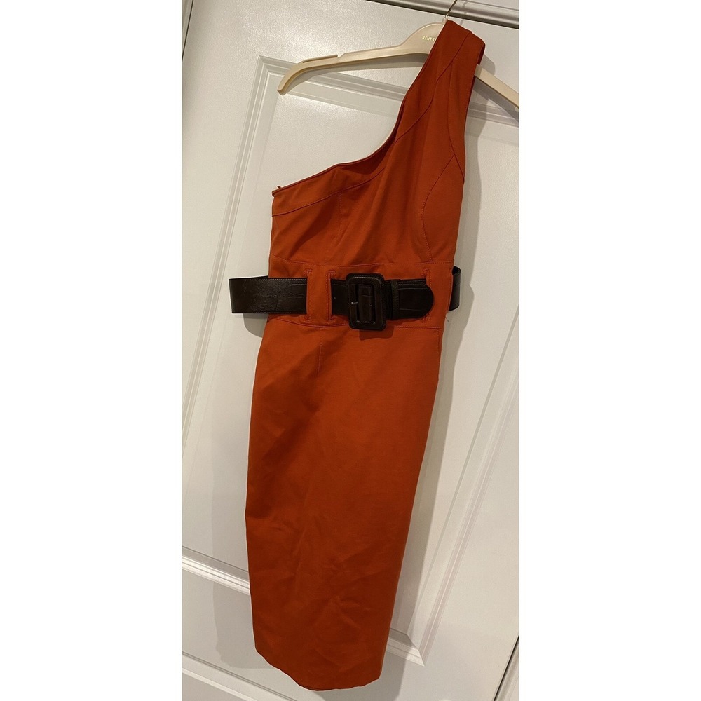 KAY UNGER New York One Shoulder Dress Size 10 Burnt Orange Belted